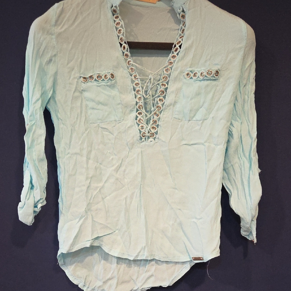 Elegant Lace-Up Sky Blue Blouse